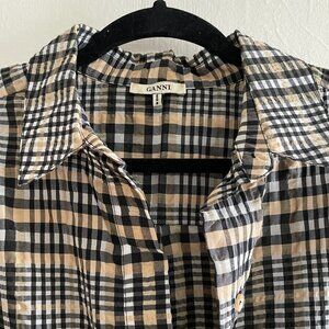 GANNI Fall Puckered Seersucker Shirtdress Size 38